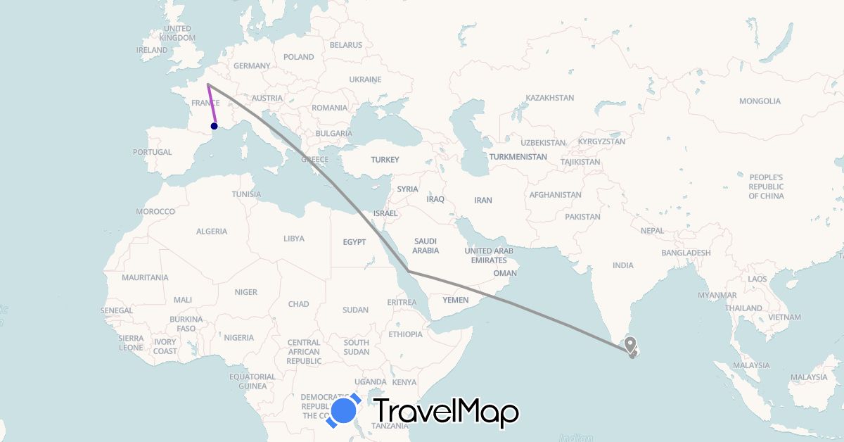 TravelMap itinerary: driving, plane, train in France, Sri Lanka, Saudi Arabia (Asia, Europe)
